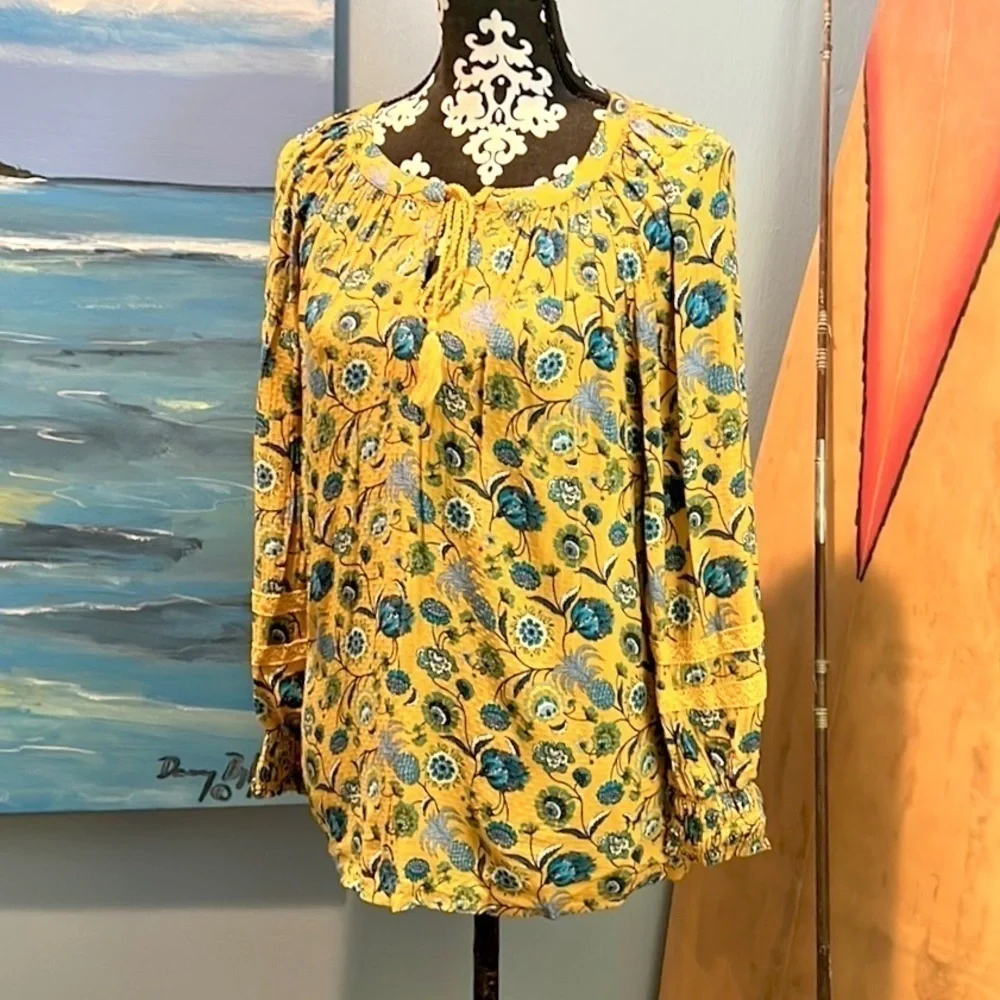 ⭐️Anthro’s Jane & Delancey, Yellow Pineapple Floral Top,Super Soft, Pull-Over, M - Picture 2 of 13
